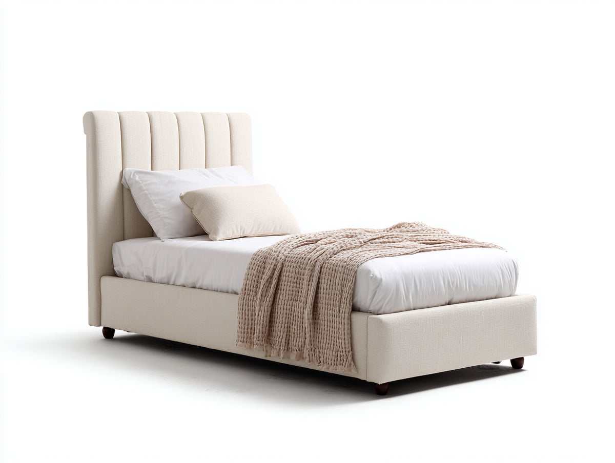 Lit simple - Tissu - 214 x 105 x 118 cm - Blanc cassé-Marron - Design contemporain