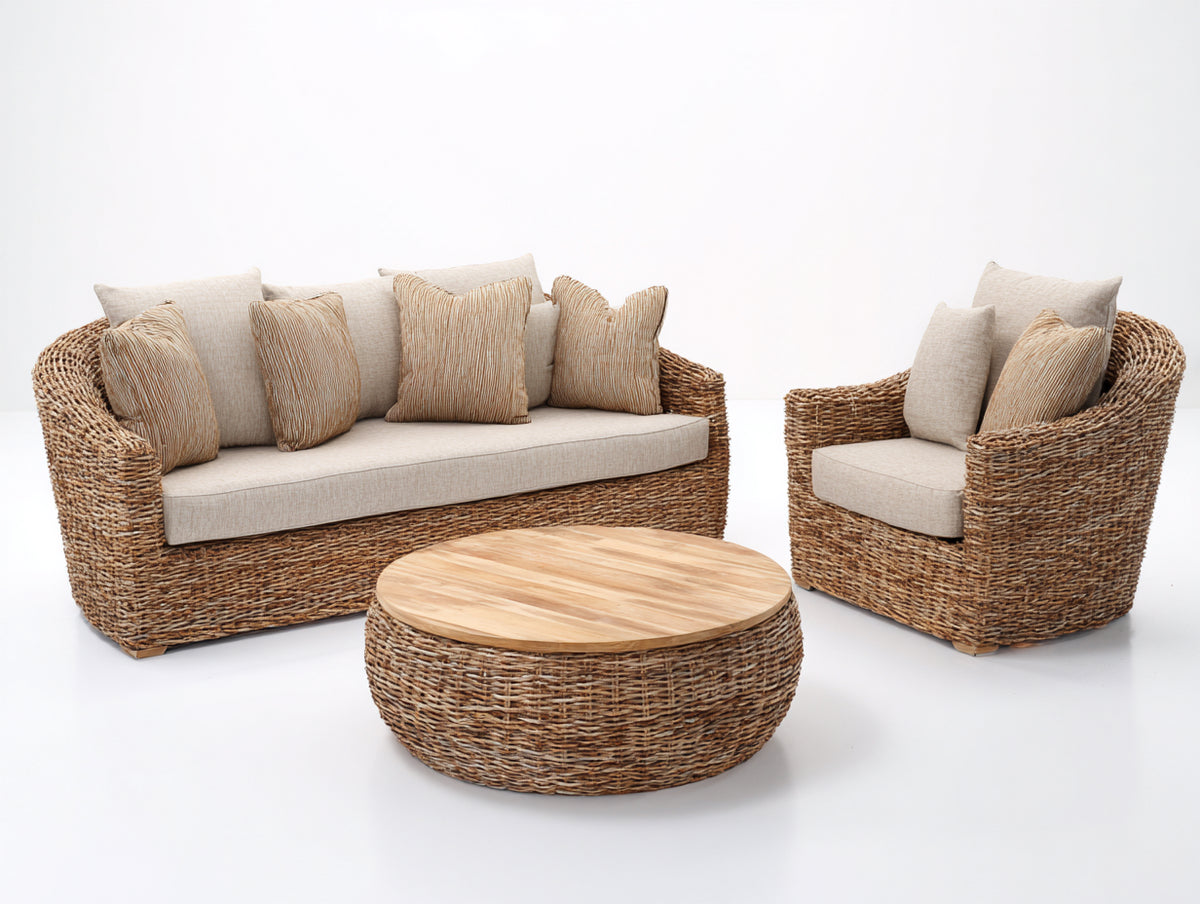 Canapé de jardin - rotin tressé-tissu-bois - 216x96x83 cm - naturel-beige - style bohème