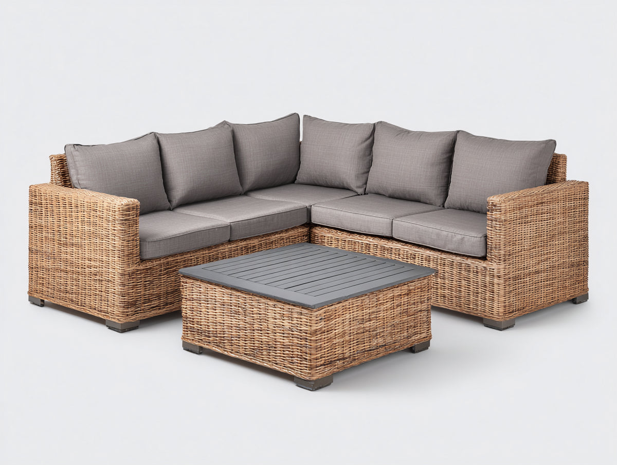 Canapé de jardin - rotin tressé-tissu - 246x246x80 cm - naturel-gris - style contemporain