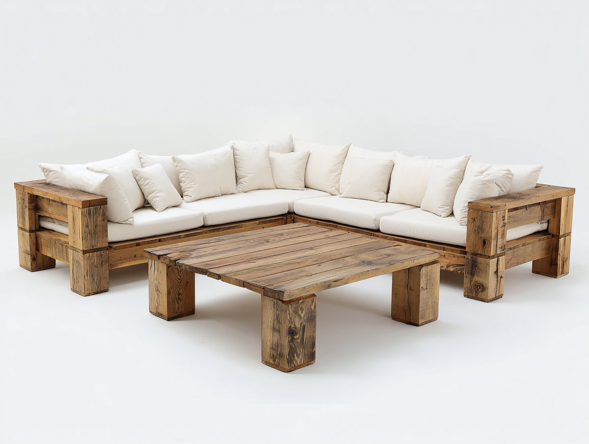 Canapé de jardin - bois massif-tissu - 280x280x75 cm - naturel-blanc - style rustique