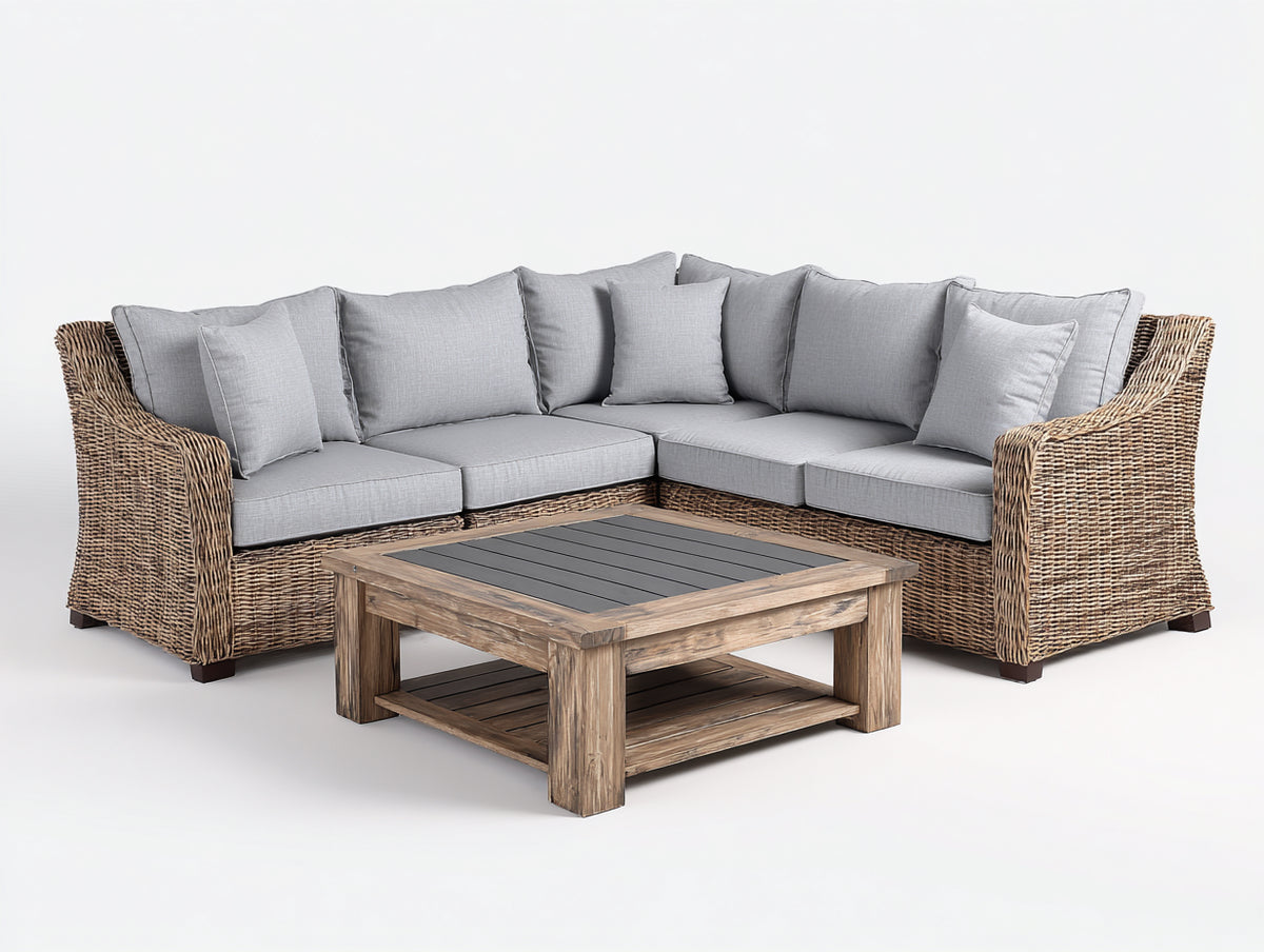 Canapé de jardin - rotin tressé-tissu-bois - 258x258x82 cm - naturel-gris clair - style rustique