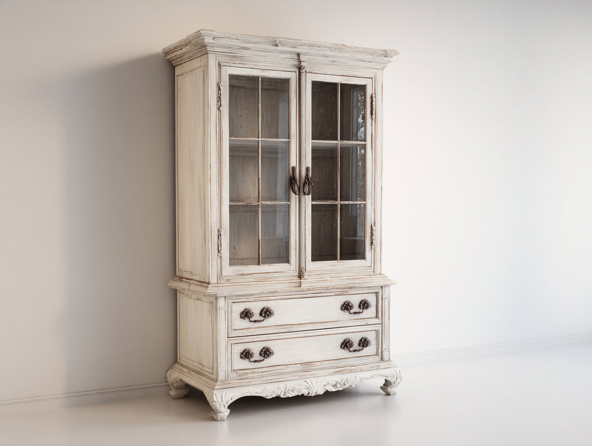 Bibliothèque-Bois-Verre-Métal-105 x 45 x 190 cm-Blanc vieilli-Brun-Style antique avec rangement