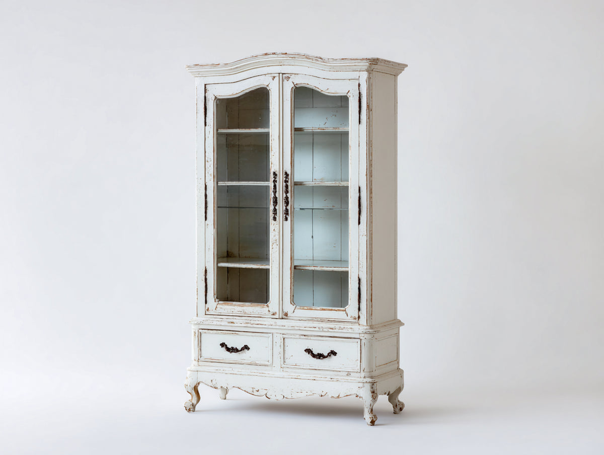 Bibliothèque-Bois-Verre-Métal-95 x 42 x 185 cm-Blanc vieilli-Brun-Style antique avec rangement