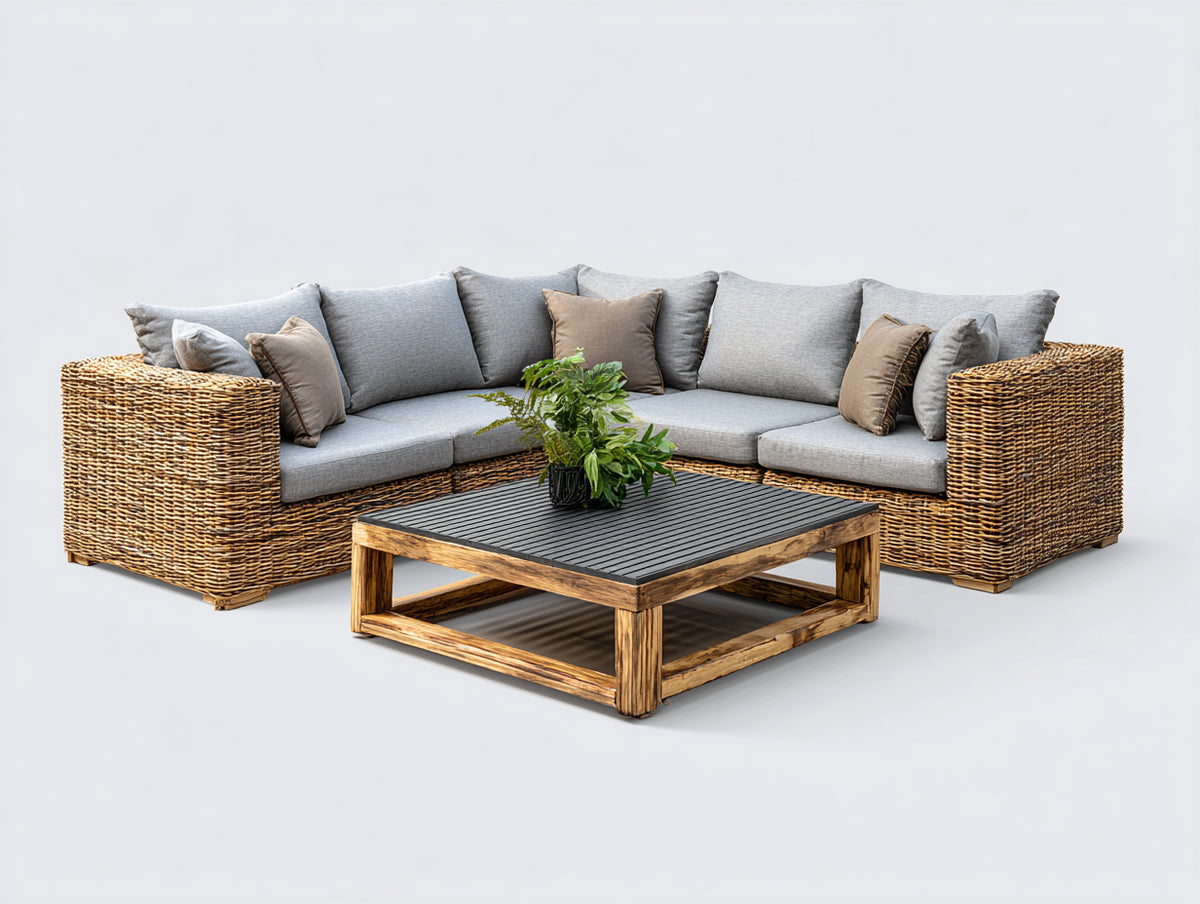 Canapé de jardin - rotin tressé-tissu-bois - 268x268x82 cm - naturel-gris clair - style rustique
