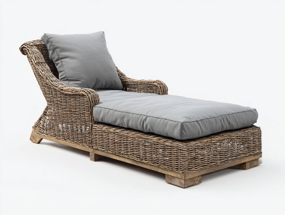 Bain de soleil - rotin tressé-tissu - 198 x 82 x 92 cm - naturel-gris - style rustique