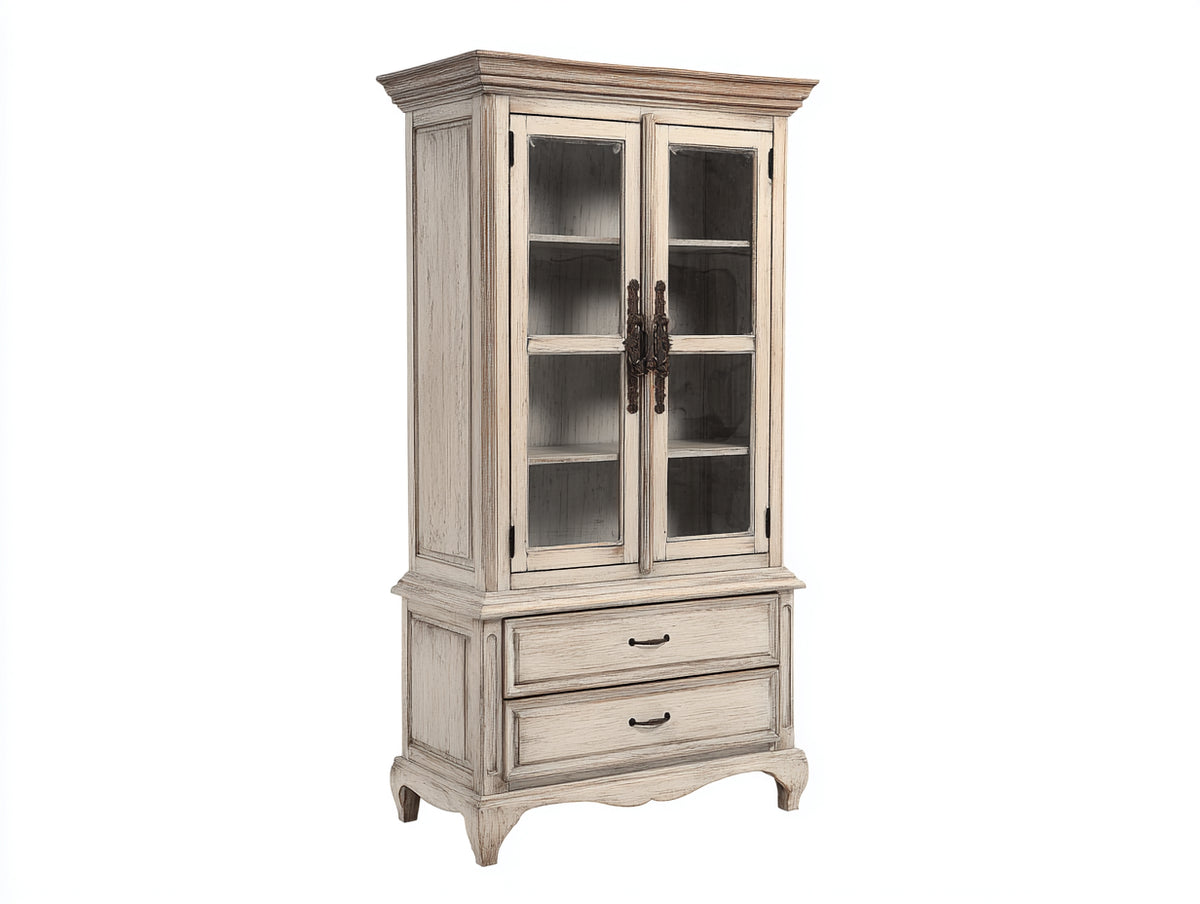 Bibliothèque-Bois-Verre-Métal-90 x 45 x 190 cm-Blanc vieilli-Style classique avec rangement