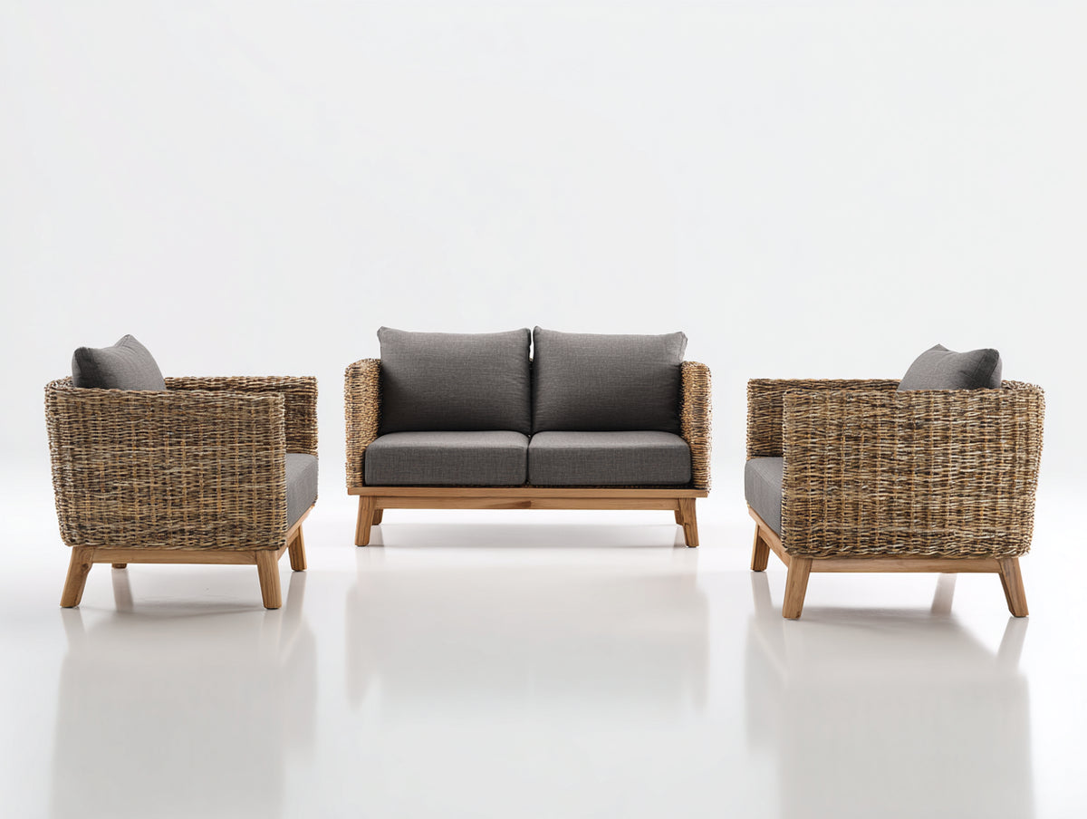 Canapé de jardin - rotin tressé-tissu-bois - 165x82x78 cm - naturel-gris - style contemporain