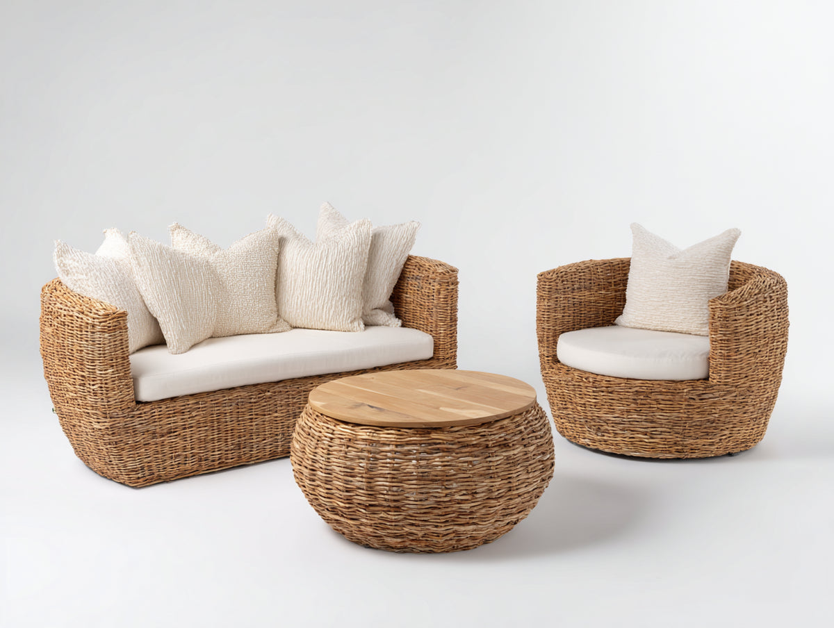 Canapé de jardin - rotin tressé-tissu-bois - 185x90x82 cm - naturel-crème - style bohème