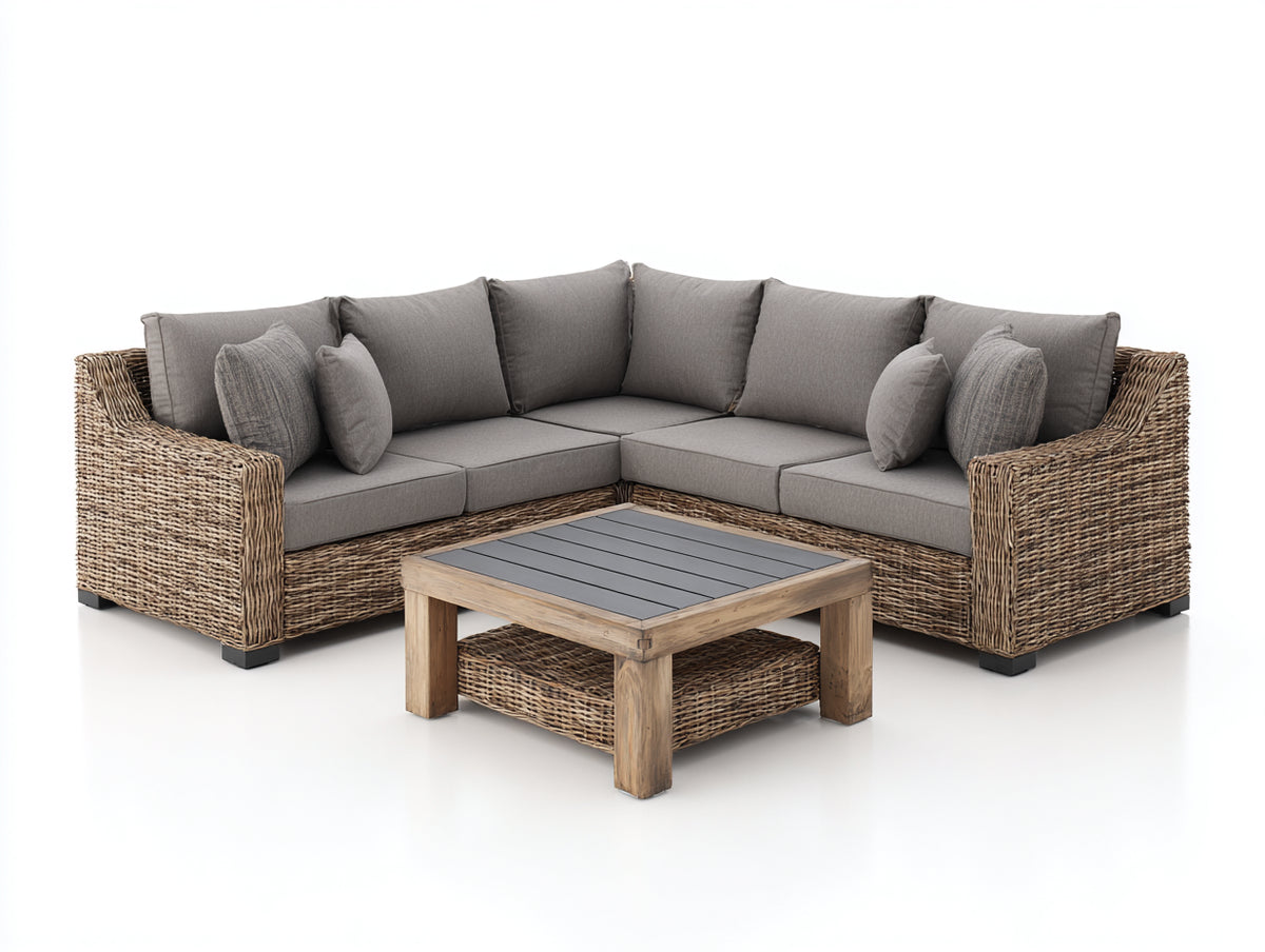 Canapé de jardin - rotin tressé-tissu-bois - 252x252x81 cm - naturel-gris - style contemporain