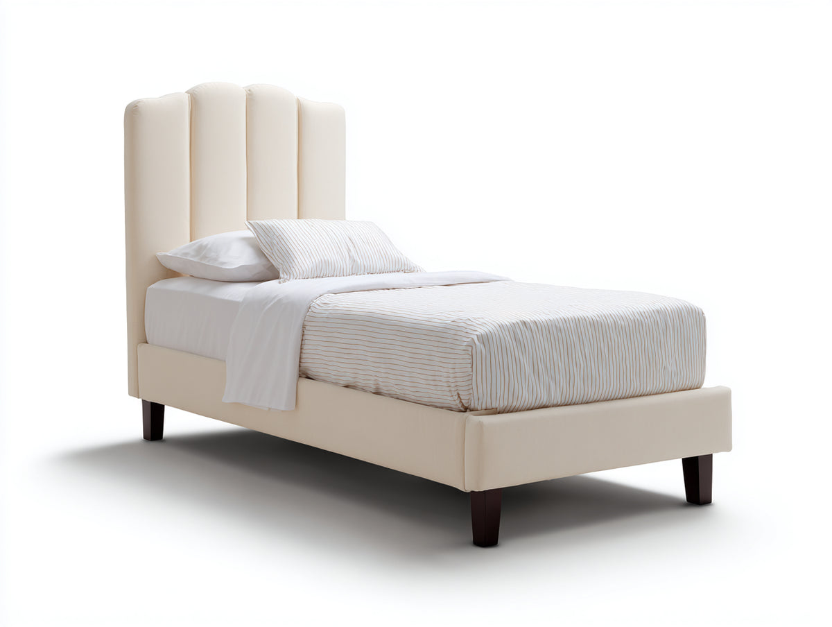 Lit simple - Tissu-Bois - 213 x 105 x 126 cm - Crème-Marron foncé - Design contemporain