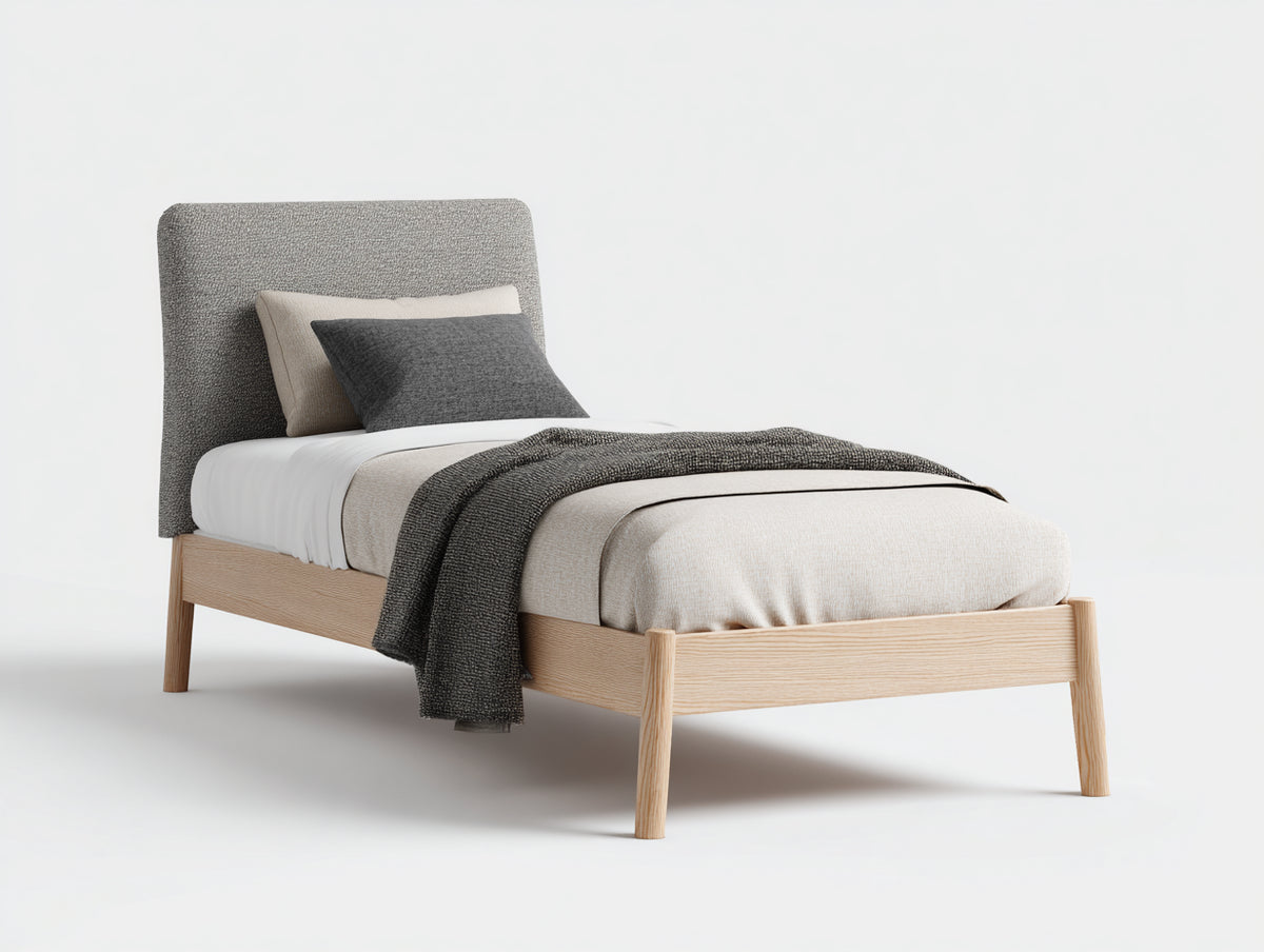 Lit simple - Bois-Tissu - 209 x 99 x 108 cm - Bois clair-Gris - Design scandinave