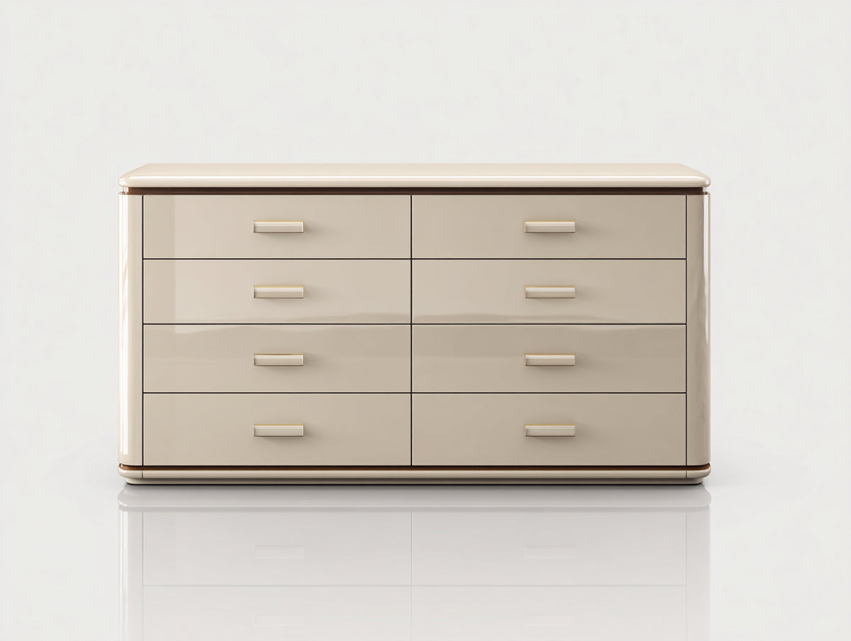 Commode - Bois - Métal - 150 x 48 x 80 cm - Ivoire-Doré - Style contemporain