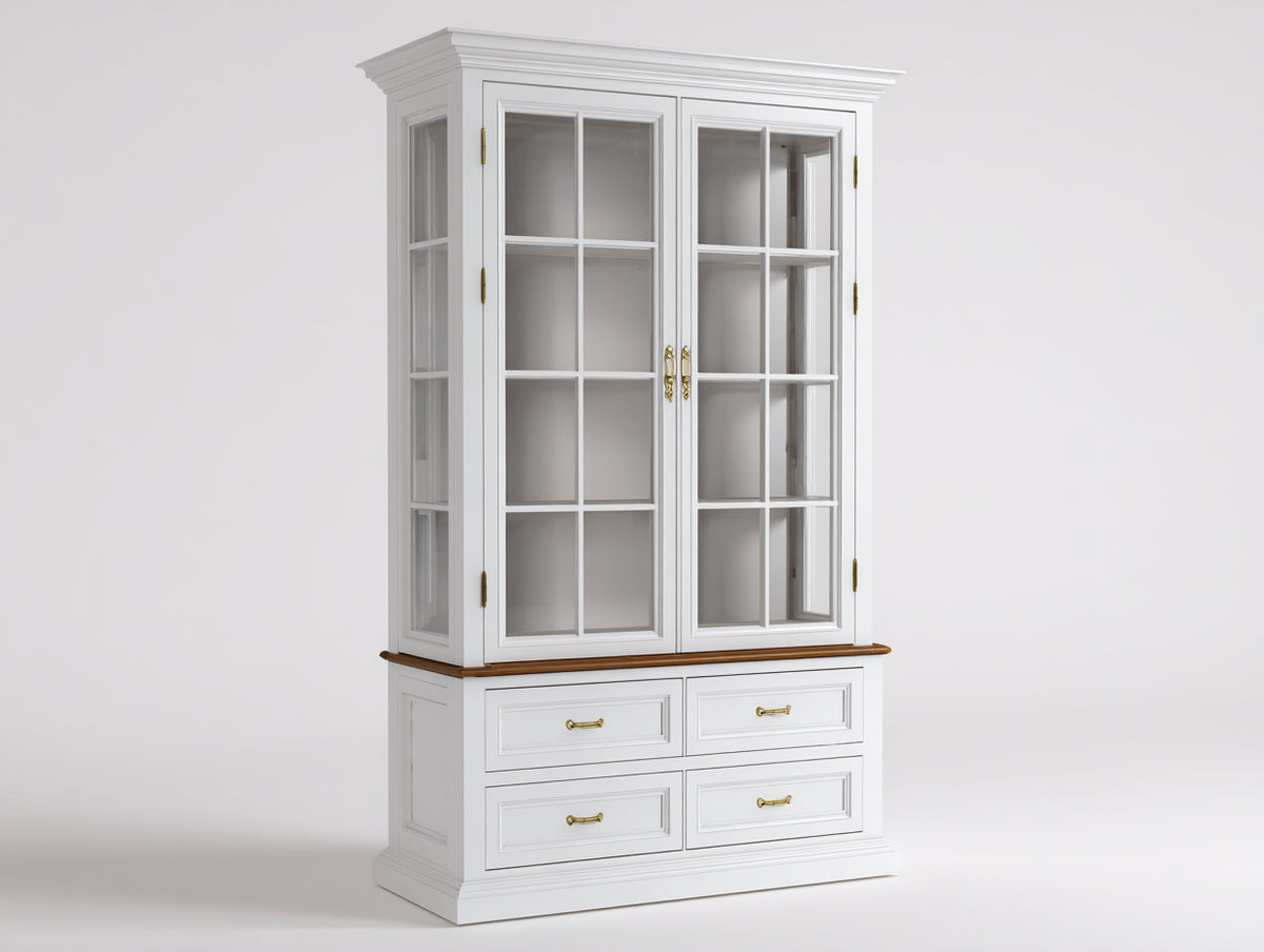 Bibliothèque-Bois-Verre-Métal-120 x 45 x 200 cm-Blanc-Brun-Doré-Style classique avec rangement
