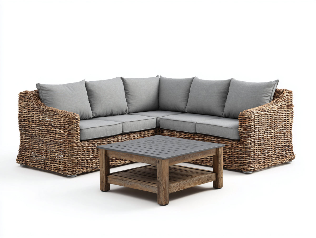 Canapé de jardin - rotin tressé-tissu-bois - 250x250x82 cm - naturel-gris - style rustique