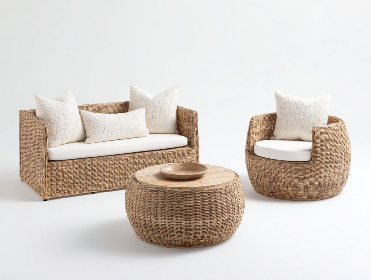 Canapé de jardin - rotin tressé-tissu-bois - 180x88x78 cm - naturel-crème - style bohème