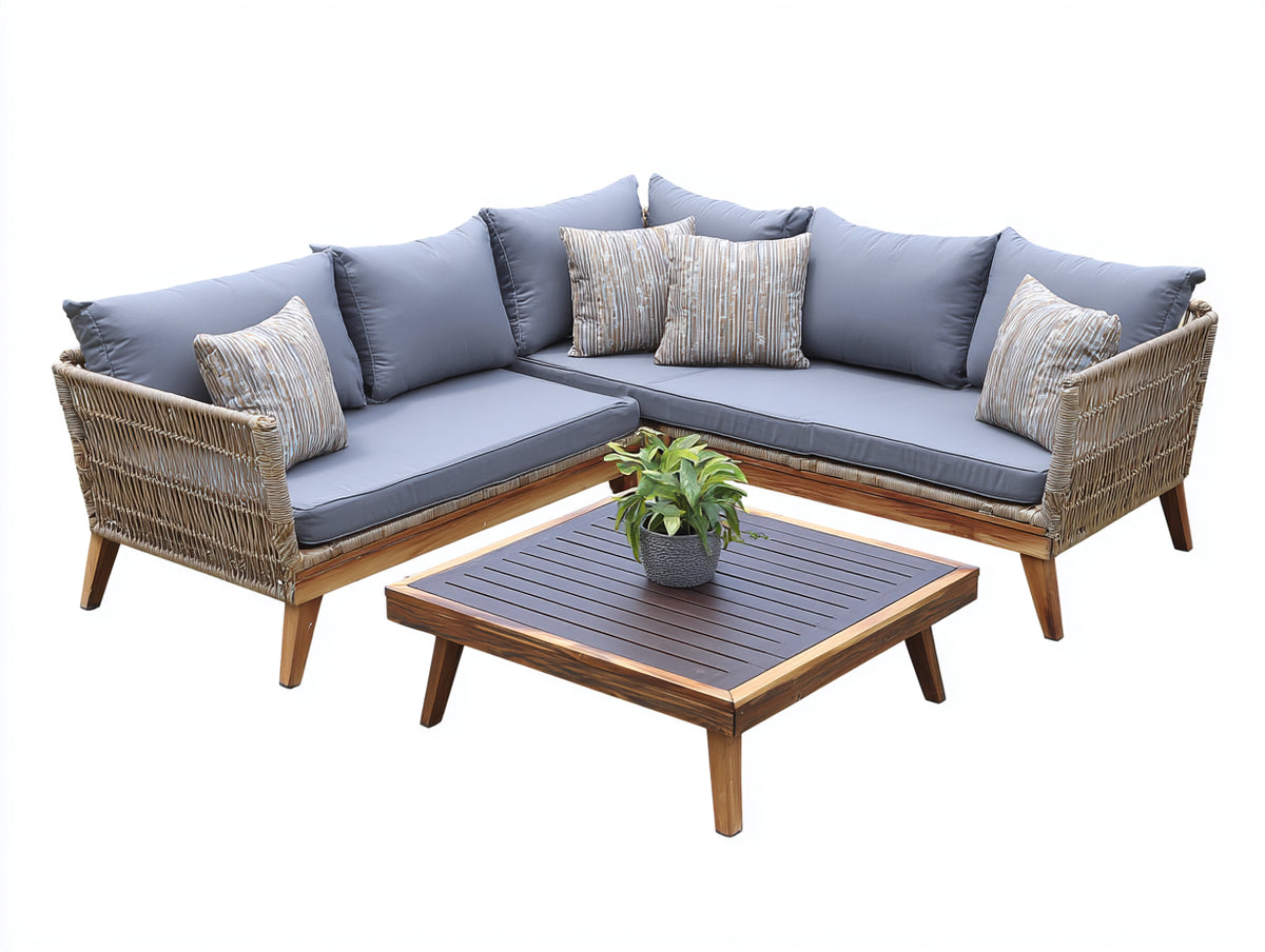 Canapé de jardin - rotin tressé-tissu-bois - 262x262x82 cm - naturel-gris bleuté - style contemporain