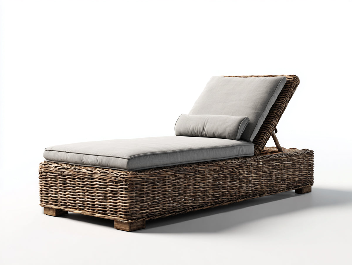 Bain de soleil - rotin tressé-tissu - 200 x 74 x 86 cm - brun naturel-gris clair - style contemporain