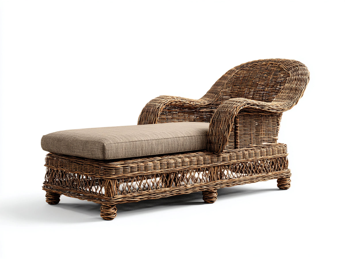 Bain de soleil - rotin tressé-tissu - 179 x 77 x 91 cm - brun naturel-taupe - style classique
