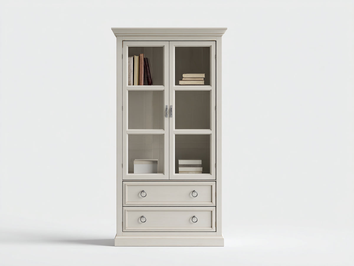 Bibliothèque-Bois-Verre-Métal-85 x 40 x 190 cm-Gris clair-Argenté-Style classique avec rangement