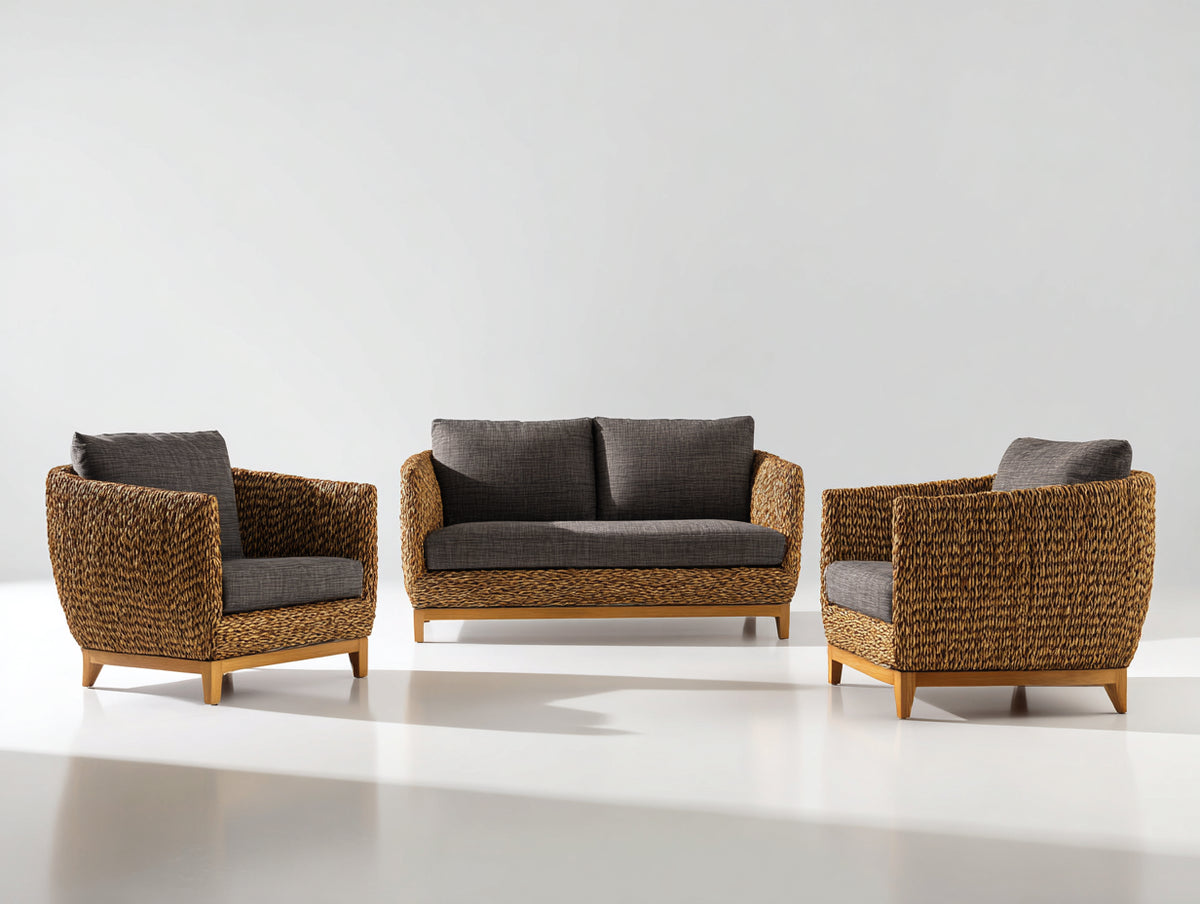 Canapé de jardin - rotin tressé-tissu-bois - 175x86x80 cm - naturel-gris foncé - style contemporain