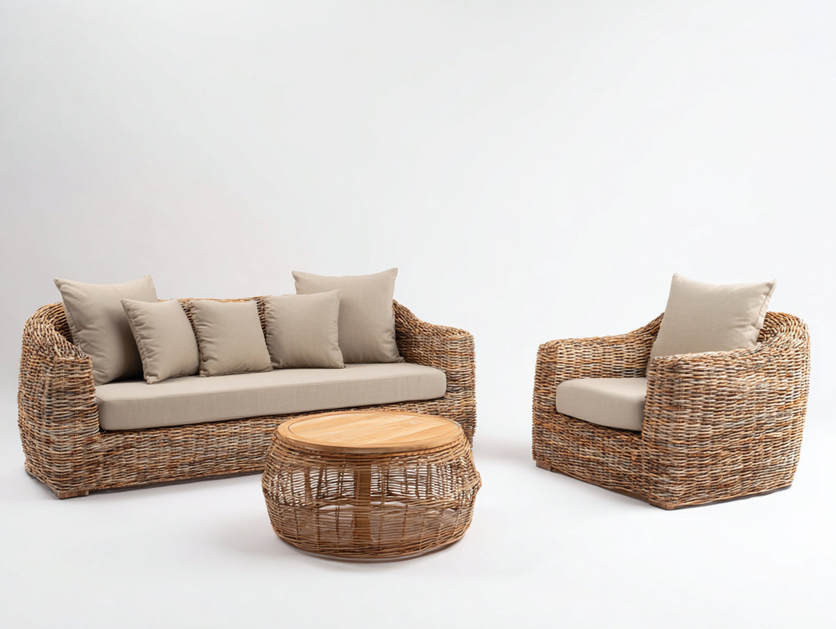 Canapé de jardin - rotin tressé-tissu - 212x94x82 cm - naturel-beige - style bohème