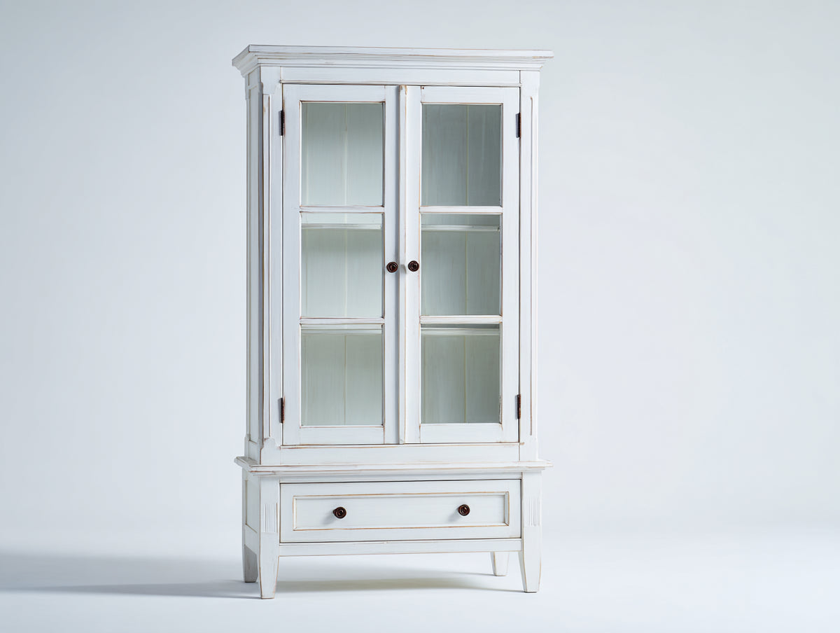 Bibliothèque-Bois-Verre-Métal-95 x 40 x 185 cm-Blanc vieilli-Marron-Style classique avec rangement