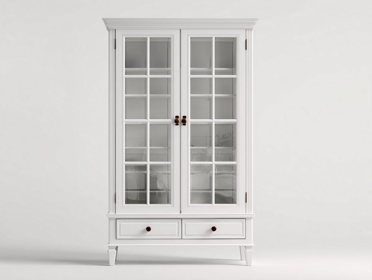 Bibliothèque-Bois-Verre-Métal-110 x 42 x 195 cm-Blanc-Marron-Style classique avec rangement