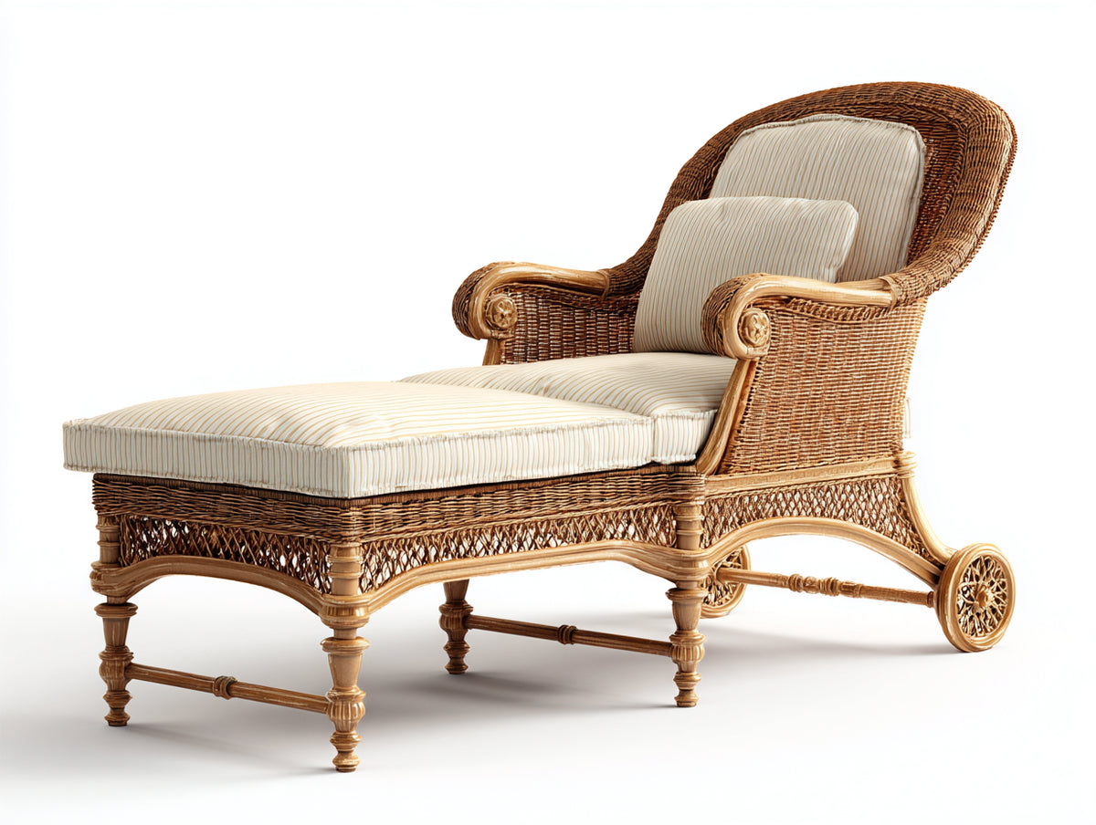 Bain de soleil - rotin tressé-tissu - 190 x 72 x 102 cm - naturel-crème - style classique