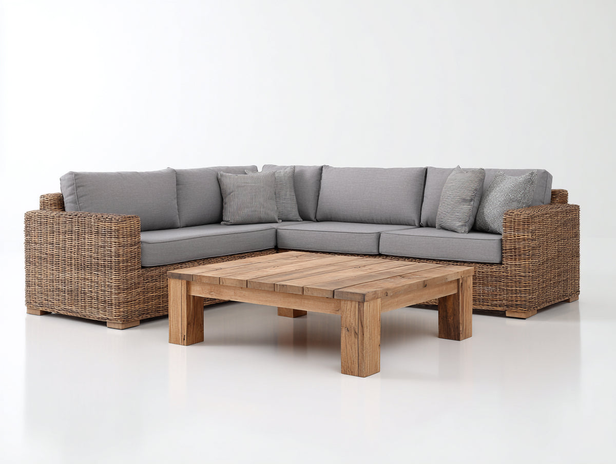 Canapé de jardin - rotin tressé-tissu-bois - 260x189x81 cm - naturel-gris - style rustique