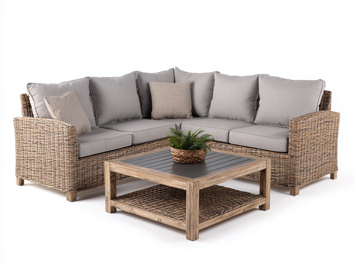 Canapé de jardin - rotin tressé-tissu-bois - 264x264x81 cm - naturel-gris clair - style rustique