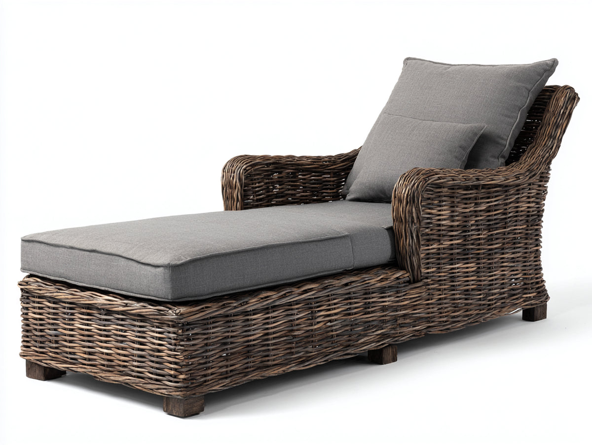 Bain de soleil - rotin tressé-tissu - 200 x 84 x 93 cm - brun foncé-gris - style contemporain