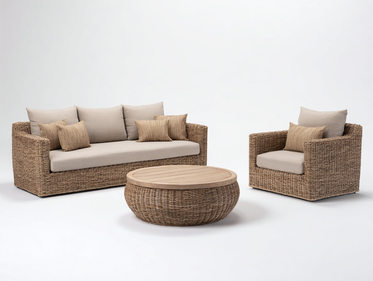 Canapé de jardin - rotin tressé-tissu-bois - 218x94x80 cm - naturel-beige - style contemporain