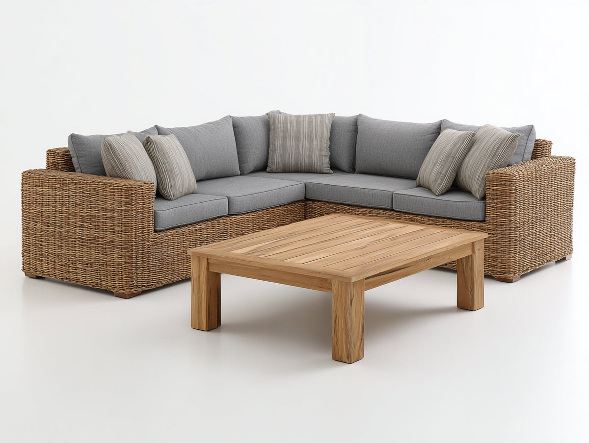 Canapé de jardin - rotin tressé-tissu-bois - 272x272x83 cm - naturel-gris - style rustique